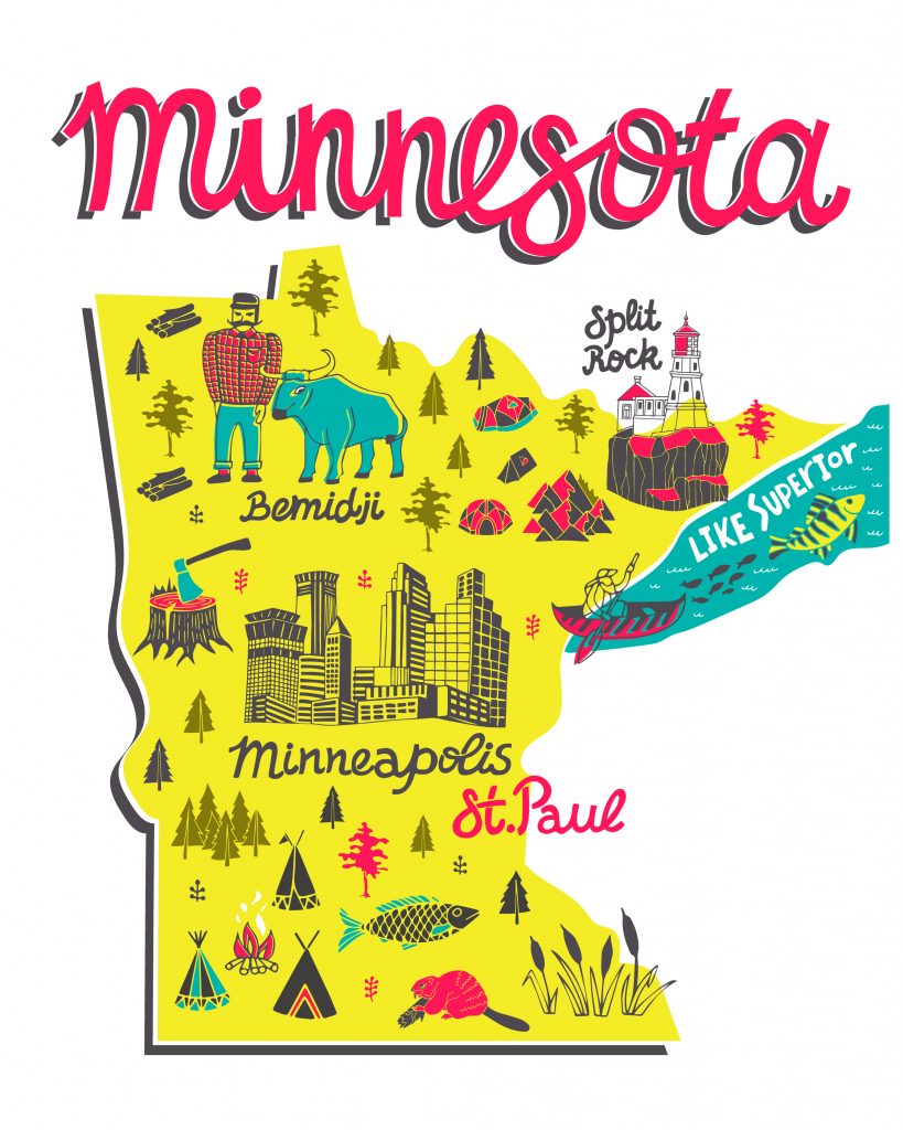 yellow red and aqua graphic of the state of Minnesota map