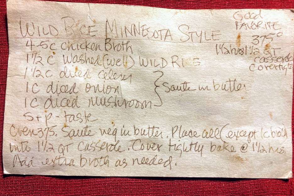 Old, handwrittten recipe card for Wild Rice Minnesota Style side dish.