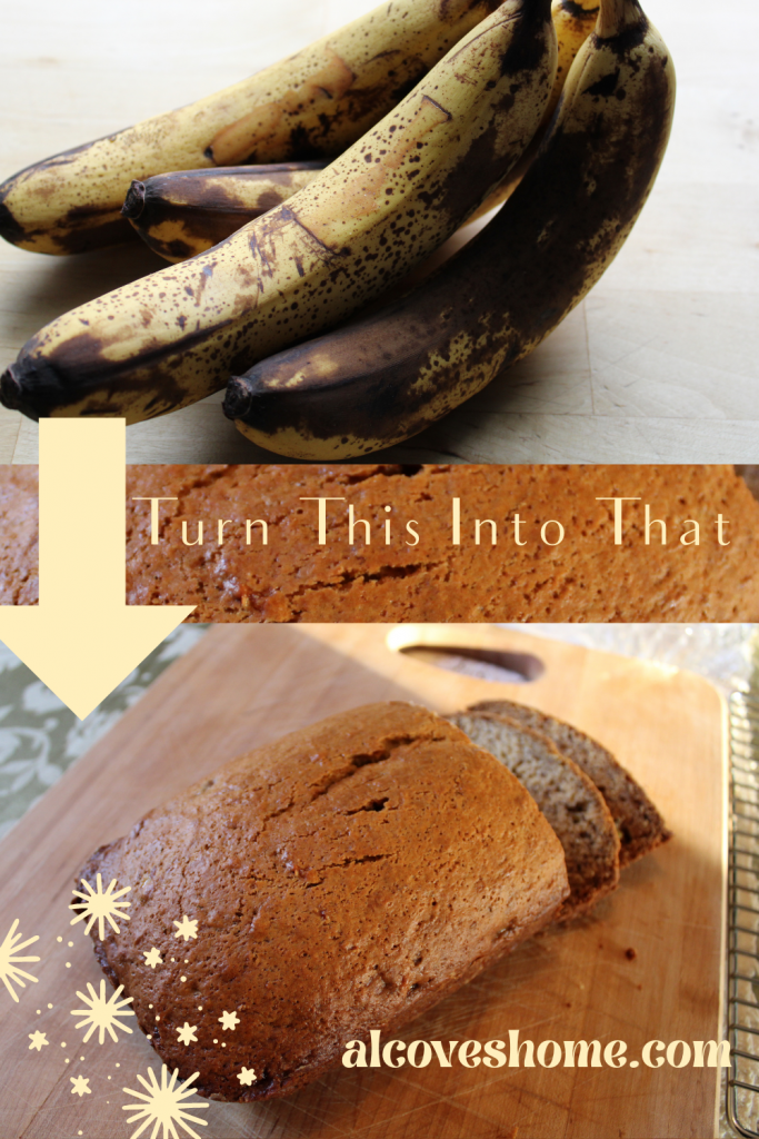 best old fashioned banana bread recipe pin showing over ripe bananas and then a white arrow pointing down and the words turn this into that with a photo of freshly baked banana bread on a cutting board at the bottom of the pin