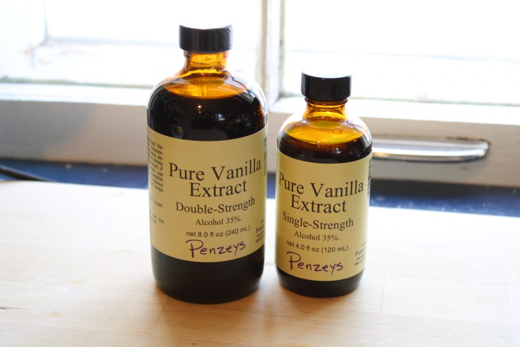 8 oz. bottle of Penzeys pure vanilla extract double-strength and 4 oz  bottle of Penzeys pure vanilla extract single-strength